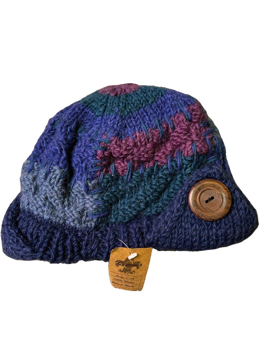 Nepali Wool Beanie Hat Purple Patchwork Colorful Knit Button Up Earflaps Lined